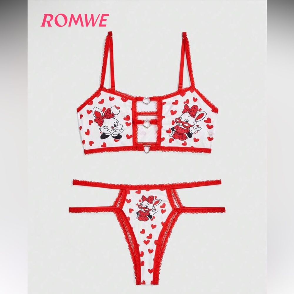 ROMWE Red and White Heart Print Lingerie Set
